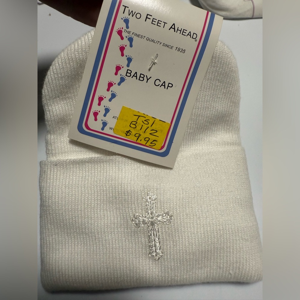 NWT Vintage White Baby Cap with Cross Embroidery
